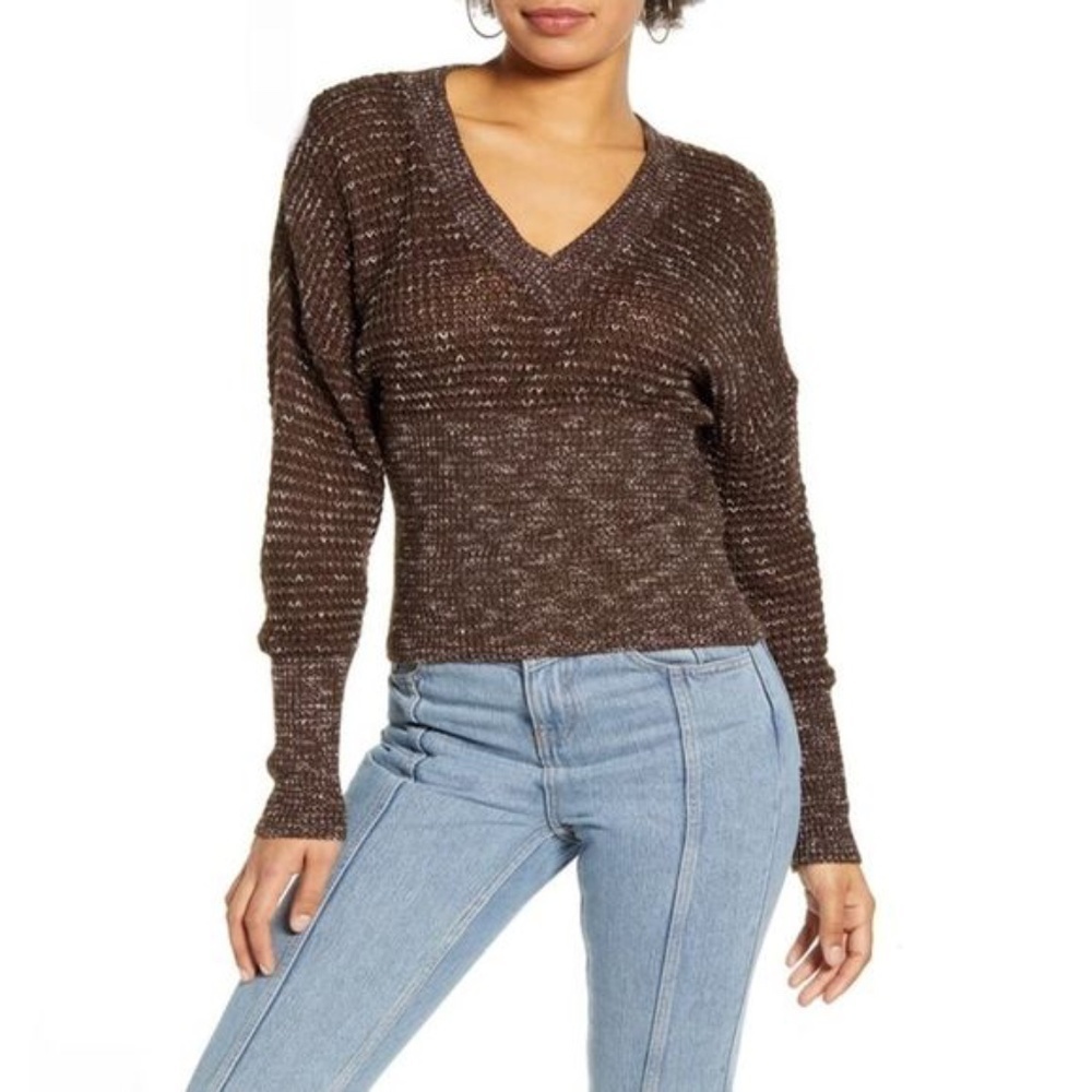 Leith Dolman Sleeve V-Neck Brown Knit Sweater